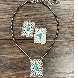 Turquoise Concho Necklace Earrings Set Handmade Western Jewelry